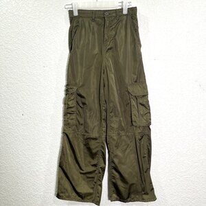 H&M Cargo Pants Girls 10-12 Green Khaki Satin Wide Leg High Waist Utility Grunge